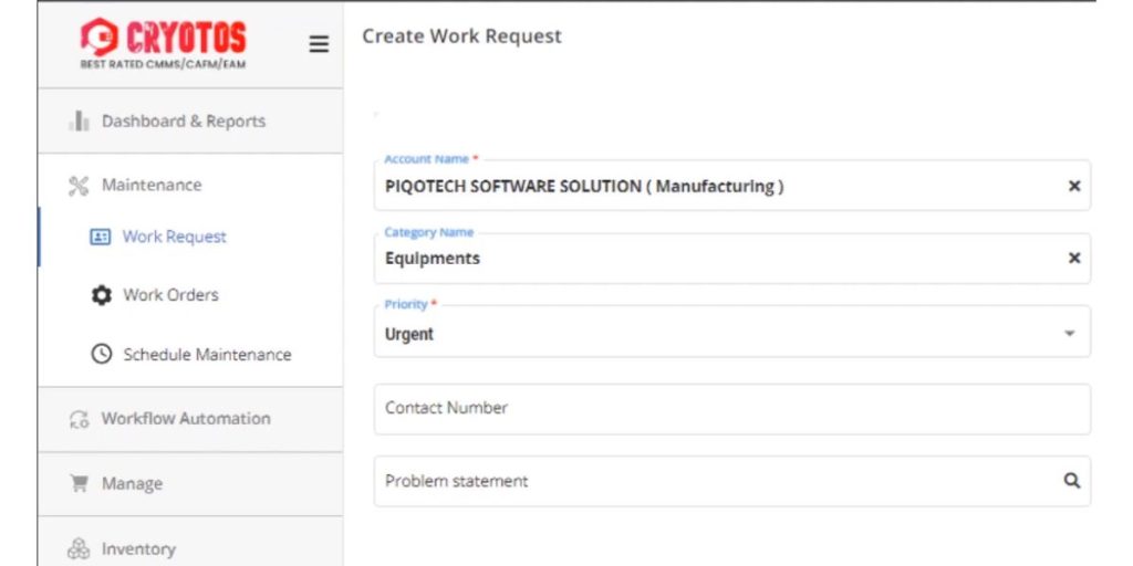 Create Work Request of Cryotos